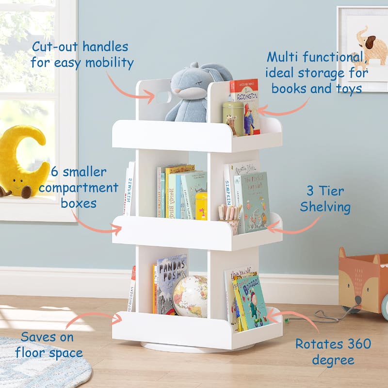 COSTARS Kids Rotating Bookshelf Tower, 3-Tier 360° Spinning Bookcase with Book Display, Revolving Storage Organizer , White
