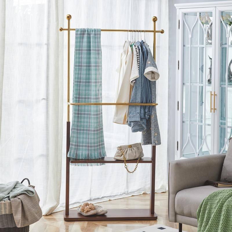 68.9" Walnut and Gold Steel Coat Rack,Double Layer Solid Wood Design - Walnut