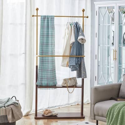 68.9" Walnut and Gold Steel Coat Rack,Double Layer Solid Wood Design