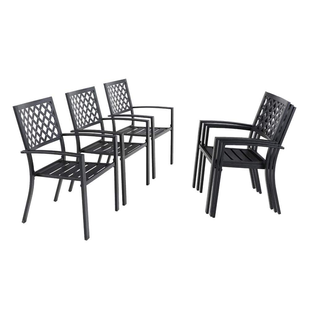 MAISON ARTS 6 Piece Black Metal Outdoor Furniture Patio Steel Frame Slat Seat Dining Arm Chairs