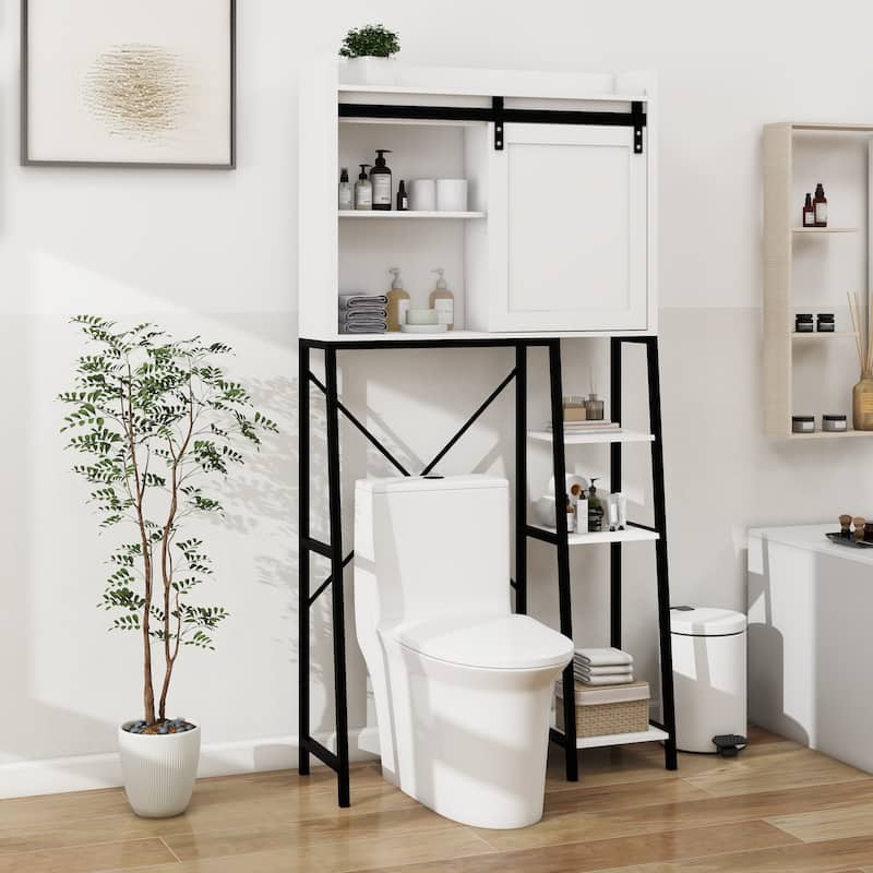 Sofucor Over The Toilet Storage with Sliding Barn Door,Bathroom Cabinet with Adjustable Shelves&Side Rack,for Small Bathrooms