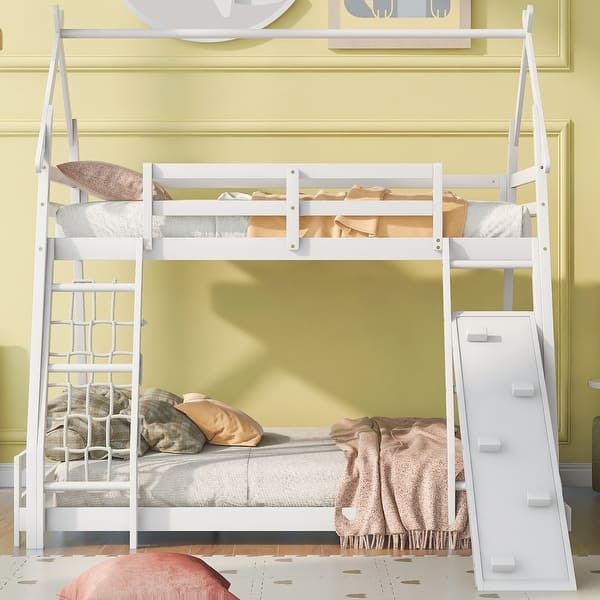 slide 2 of 16, Twin Over Queen House Bunk Bed with Climbing Nets & Climbing Ramp White - Queen
