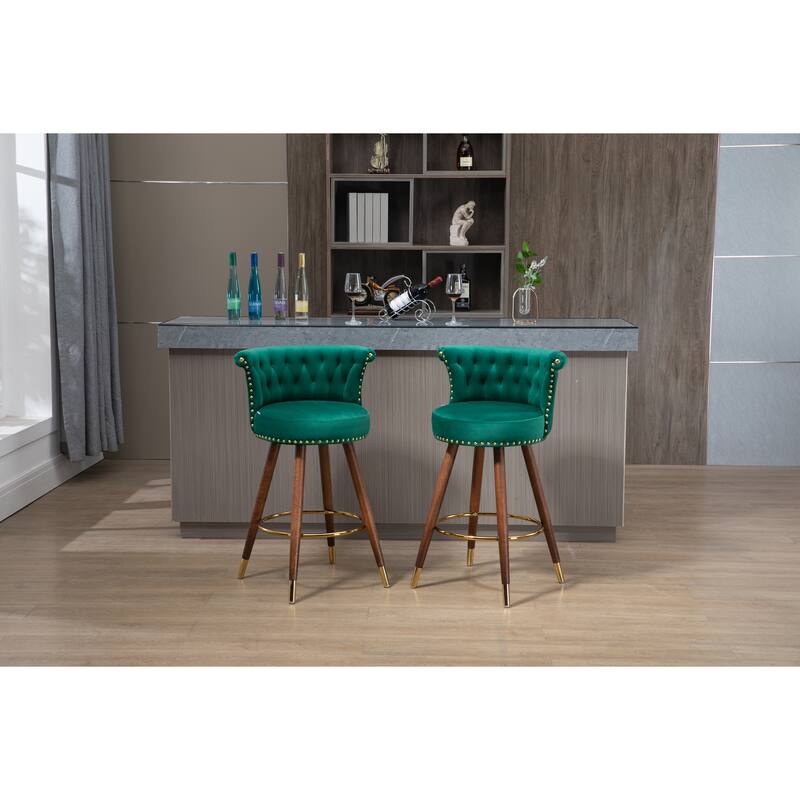 Counter Height Bar Stools Set of 2, Kitchen Bar Stools with Solid Wood Legs, Upholstered Dining Room Chairs with Footrest
