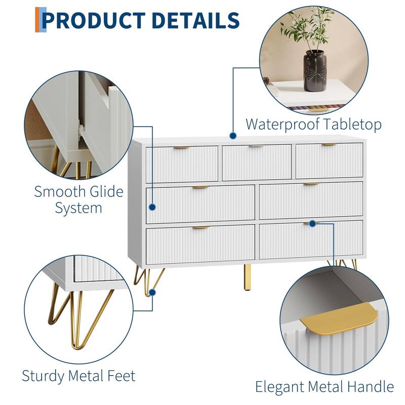 7-Drawer Dresser for Bedroom, 47.2" Wide Modern Wooden Chest with Gold Metal Legs & Handles
