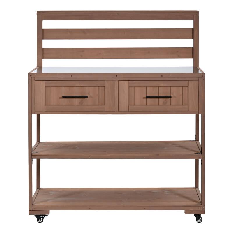 Solid Wood 62.3'' Patio Kitchen Island Kitchen Cart with Stainless Table Top, Garden Potting Bench with Raised Shelf and Drawers