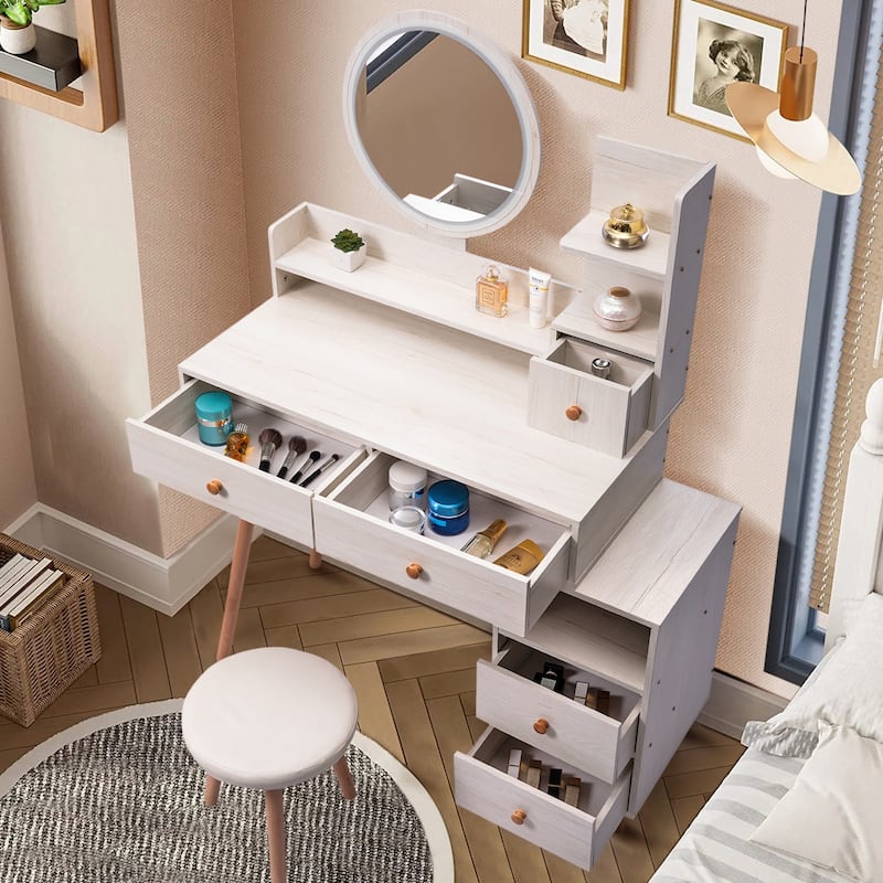 4 Drawers Vanity Table Set Makeup Vanity Dressing Table with Mirror & Shelves