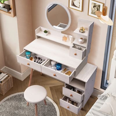 Vanity Table Set with Stool, Mirror & Powerful Storage