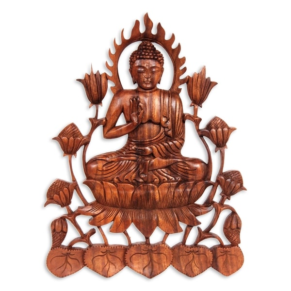 Handmade Enlightened Buddha Wood Relief Panel (Indonesia) - 13.5" H x 10.25" W x 0.8" D. Opens flyout.