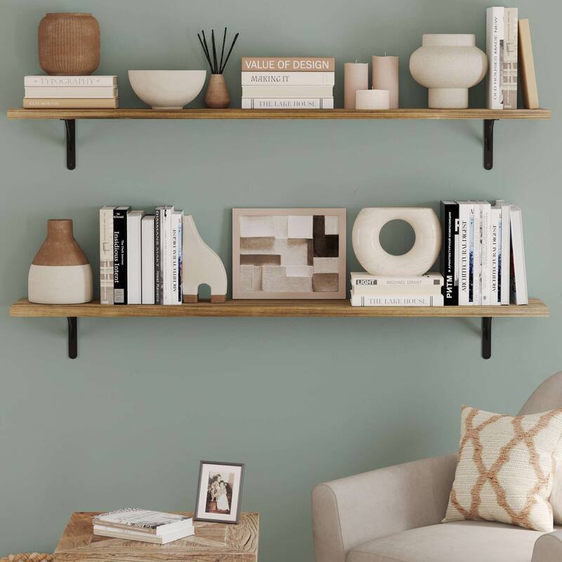 Wallniture Forme 60" Floating Shelves, Wall Bookshelf, 2 Pcs, Burnt, Wood