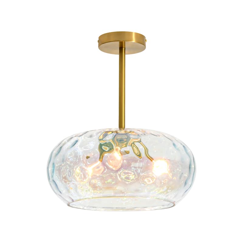 14.2" W 3-Light Modern Gold Dome Semi-Flush Mount Ceiling Light with Water Glass Shade for Foyer, Bedroom
