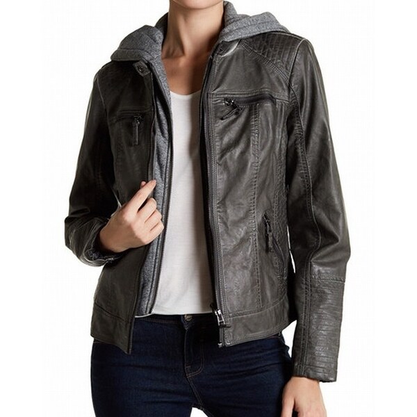 faux leather hooded jacket women's