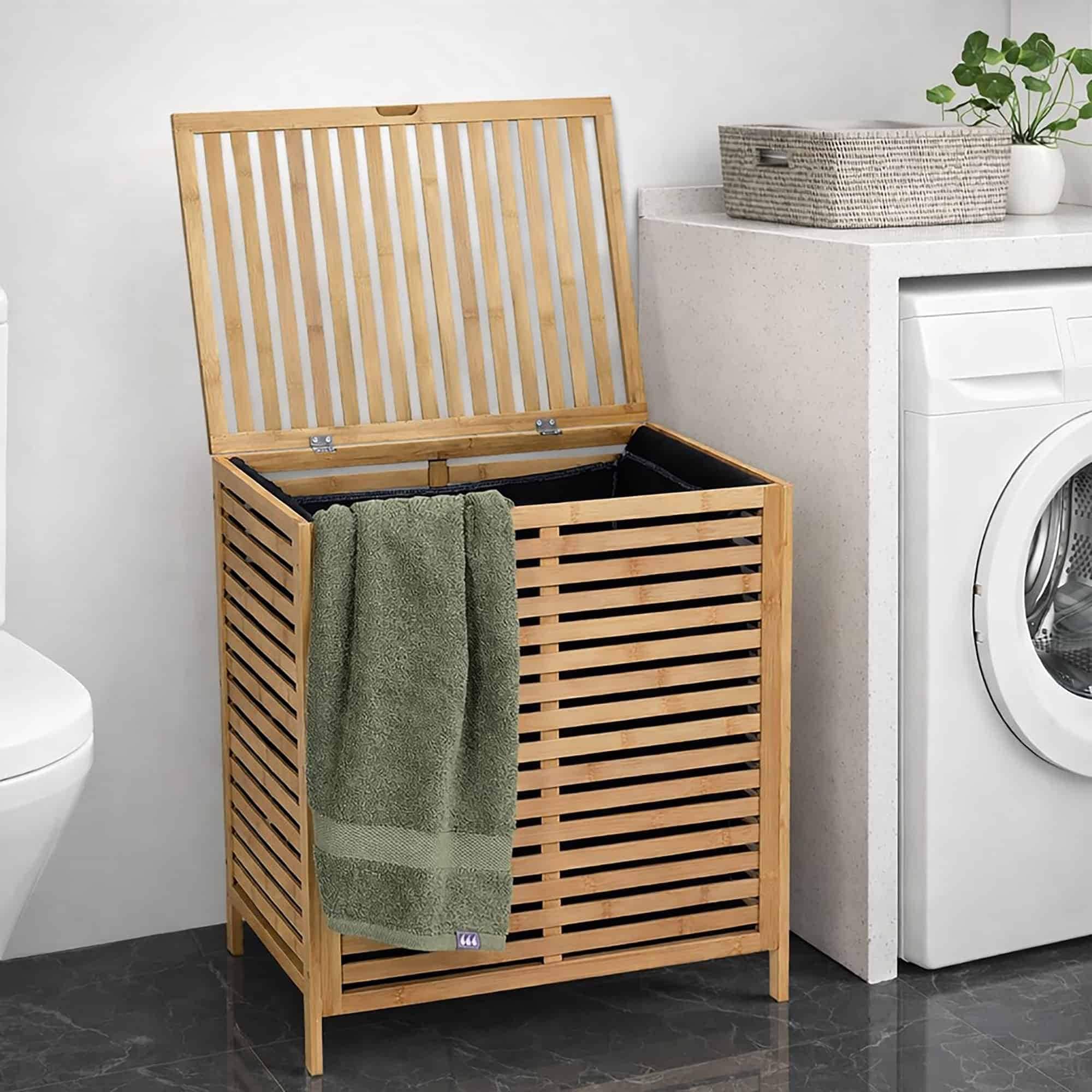 Bamboo Laundry Hamper with Lid, Removable Bag, Slatted Ventilation Design - 23.6" H x 21.1" L x 14.8"W