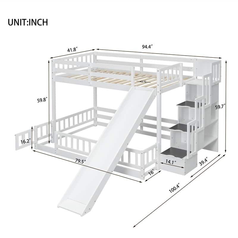 Twin Over Full Multifunctional Kids Bunk Bed Frame with Slide, Wooden Loft Bed with Storage Staircase and Guardrails