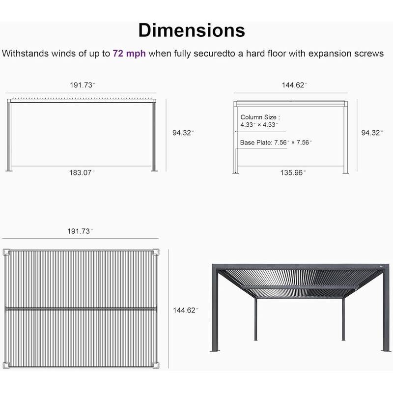 PURPLE LEAF Gray Louvered Pergola Outdoor Aluminum Pergola with Adjustable Roof for Patio Grey Hardtop Gazebo