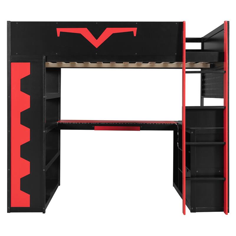 Full Size Gaming Loft Bed with Desk & RGB LED Lights, Pro-Gamer Setup with Pegboard, Keyboard Tray & Storage