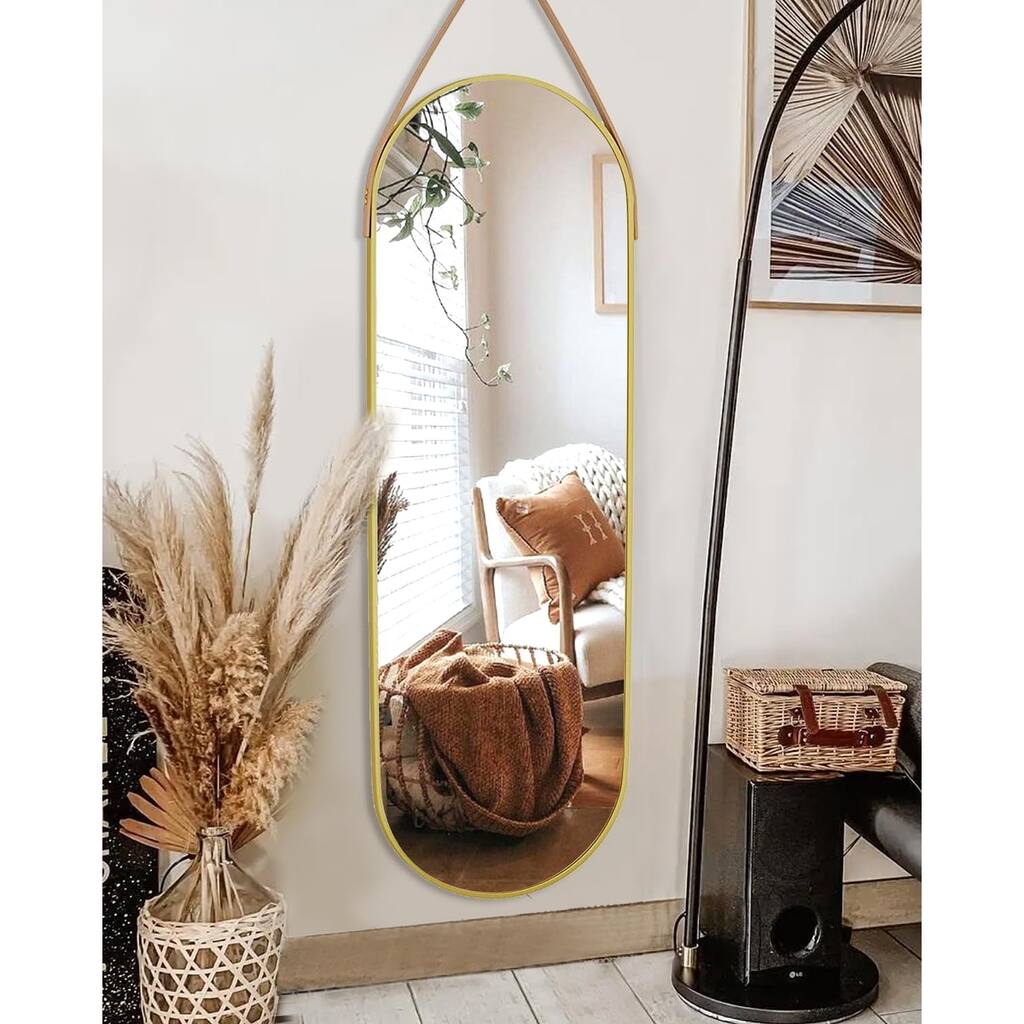 Full Length Mirror,Wall Full Length Body Mirror, Wall Mounted Mirror with Hanging Leather Strap, Wall Mirror Full Length