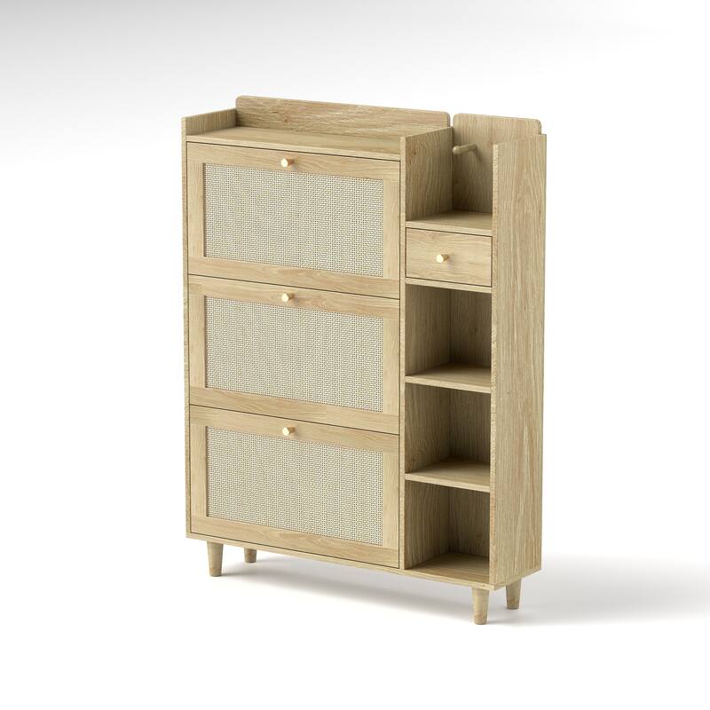 Freestanding Shoe Storage Cabinet, Narrow Hidden Shoe Rack with 3 Rattan Flip Drawers, 3 Square Shelves & 1 Storage Drawer