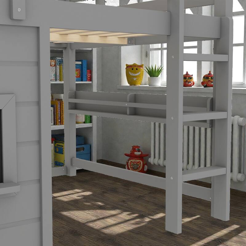 Twin/Full Loft Bed with Sliding Chalkboard, Built-in Bookshelf, Solid Wood Frame & Safety Guardrails, Kids Playhouse Bed