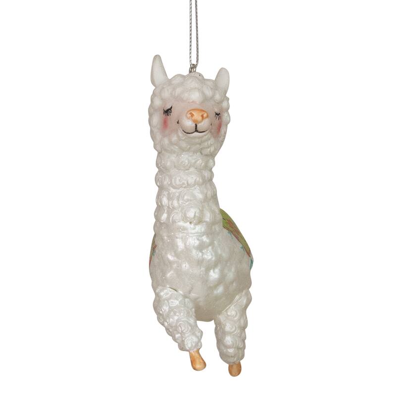 5" White and Green Glittered Jumping Llama Glass Christmas Ornament