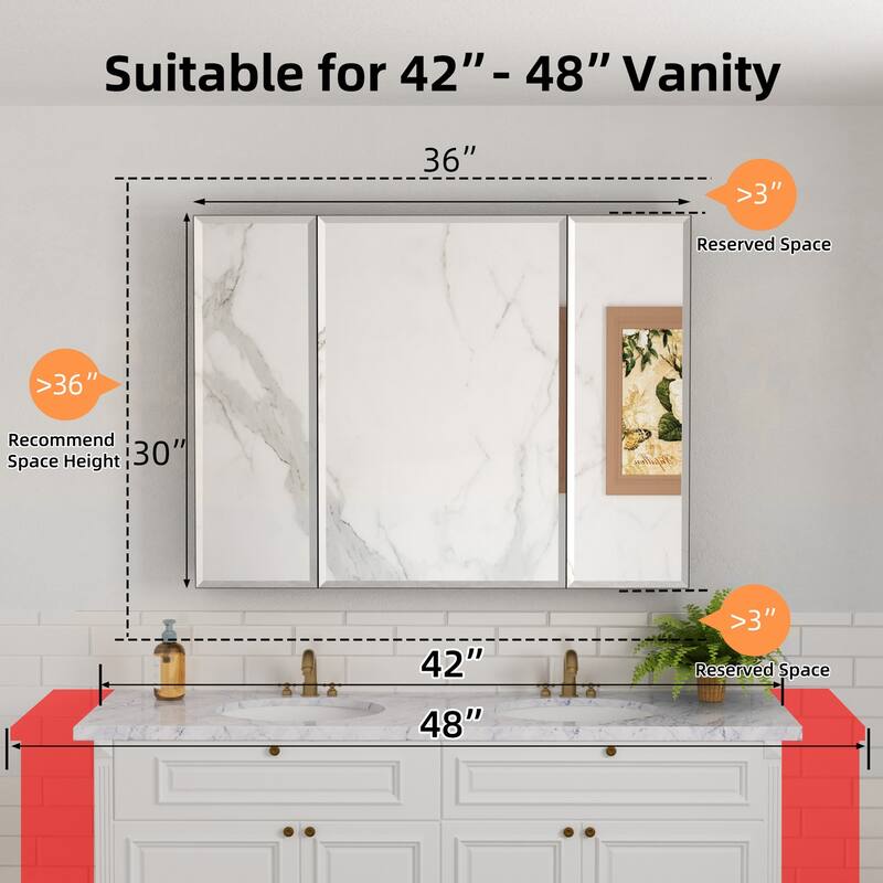 Belle Medicine Cabinet with Mirror, Adjustable Shelves, Recessed or Wall Mount