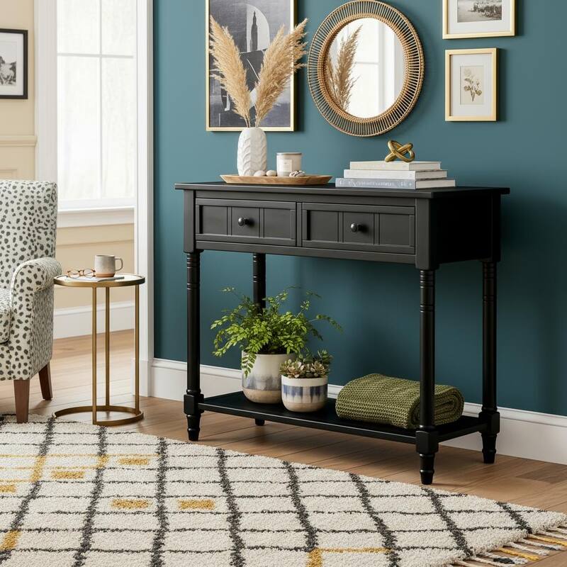 Daisy Carved-Leg Console Table with Dual Drawers & Display Shelf by Harper&Bright Designs - Black