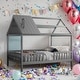 preview thumbnail 1 of 37, Full Size Wood House Bed With Fence,Solid Construction Grey