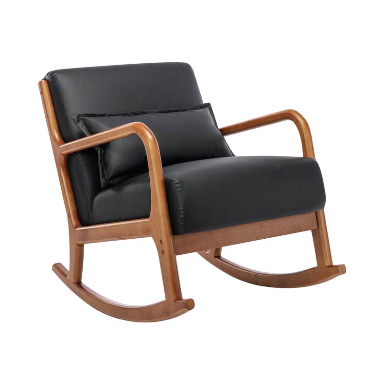 Porthos Home Juni Rocking Accent Chair with Pillow, PU Upholstery, Rubberwood Legs - Black