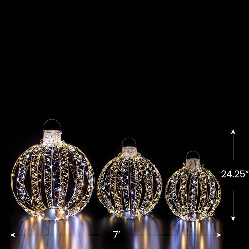 LED Lighted 3D Beaded Ball Ornament Outdoor Christmas Decorations - Candlelight Clear - Set of 3 - Gold