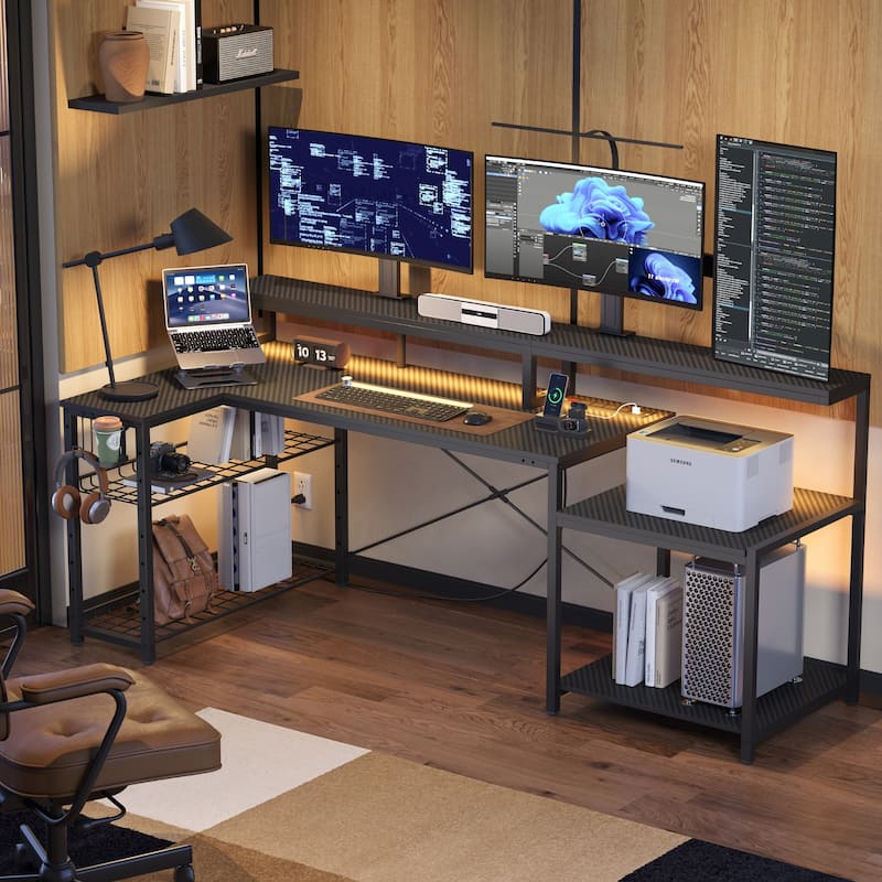 Bestier 71.5“” Computer Desk with Power Outlets, L Shaped LED Home Office Desk with Long Monitor Stand and Cup Holder & Hooks