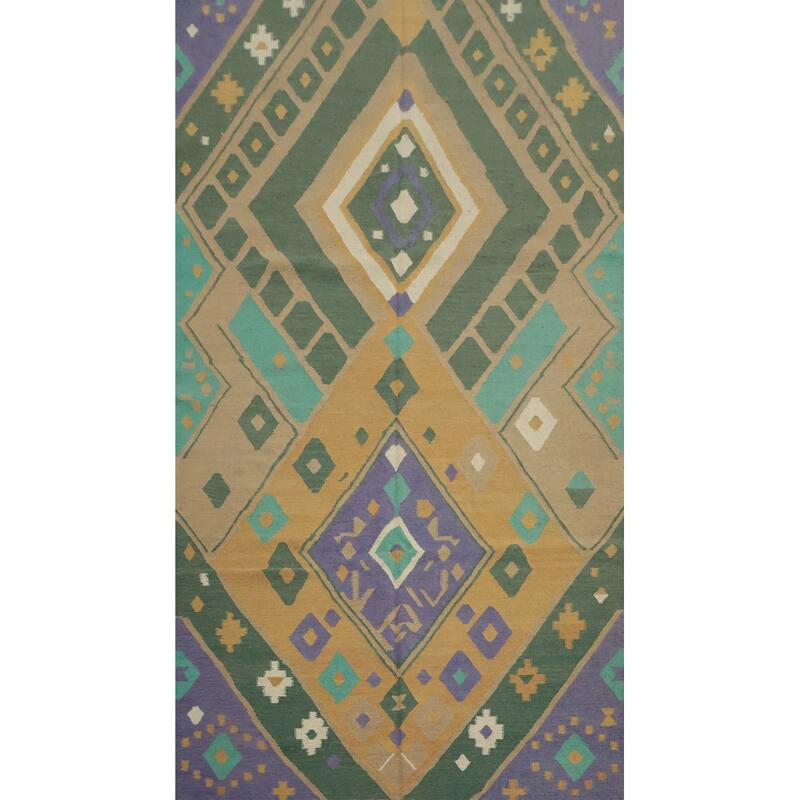 Hand Woven Oriental 100% Wool Carpet Southwestern Modern Green Kilim Area Rug - 9' 1'' X 5' 1''