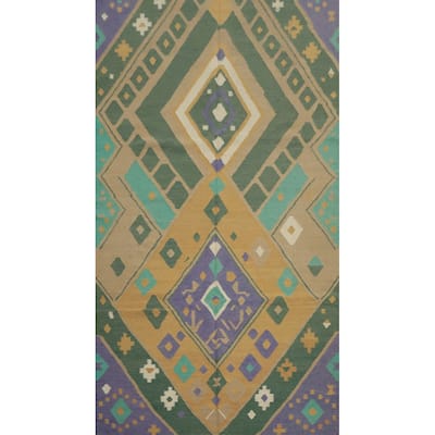 Hand Woven Oriental 100% Wool Carpet Southwestern Modern Green Kilim Area Rug - 9' 1'' X 5' 1''