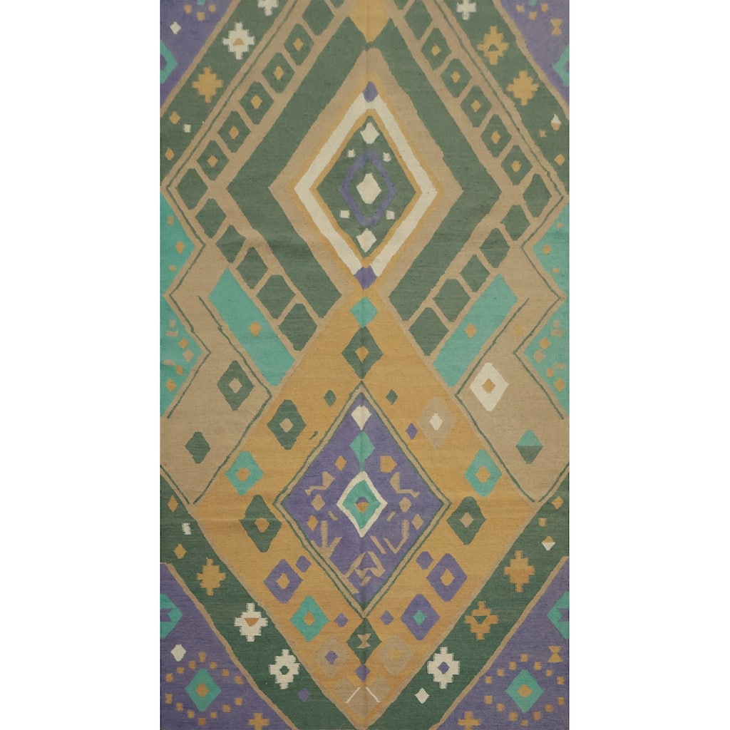 Hand Woven Oriental 100% Wool Carpet Southwestern Modern Green Kilim Area Rug - 9' 1'' X 5' 1''