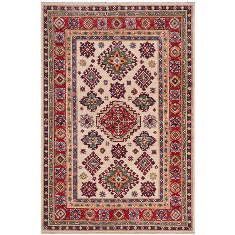 Bohemian Kazak Timothy Beige/Red Wool Rug - 4'0'' x 6'0''