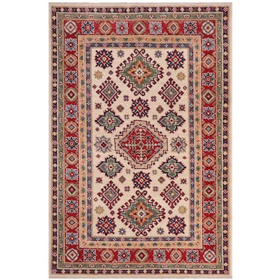 Bohemian Kazak Timothy Beige/Red Wool Rug - 4'0'' x 6'0''