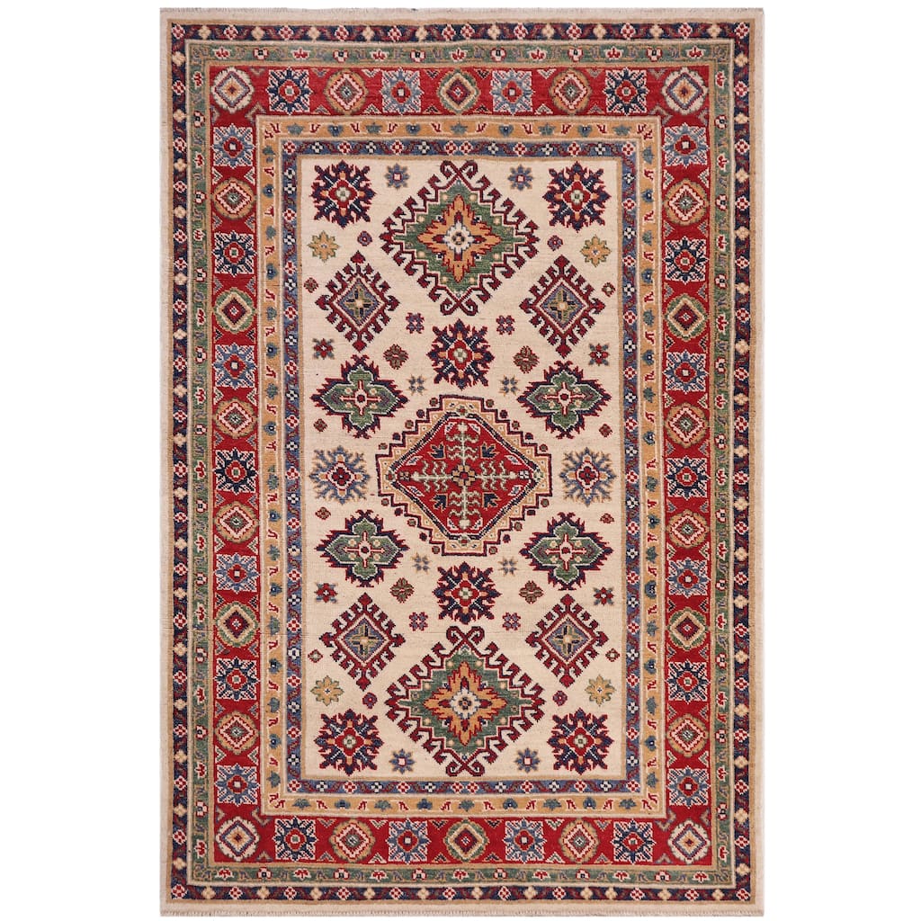 Bohemian Kazak Timothy Beige/Red Wool Rug - 4'0'' x 6'0''