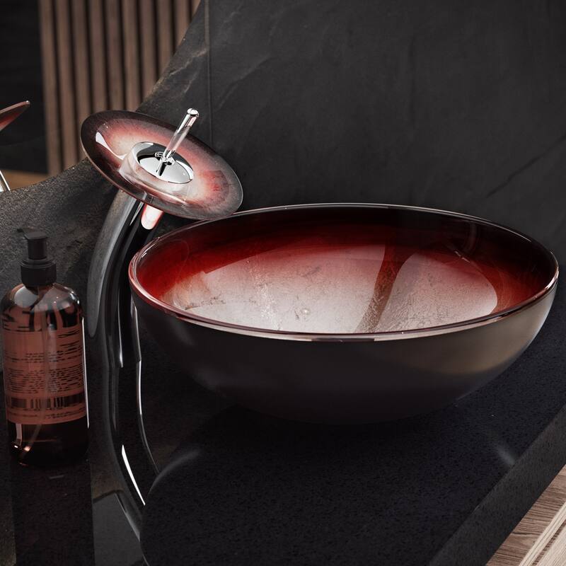 Cascade 16.5 Glass Vessel Sink with Faucet - Ember Red