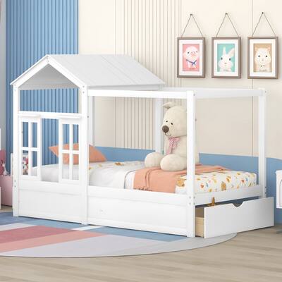House Platform Bed with Drawer, Window, and Roof (Twin Size)