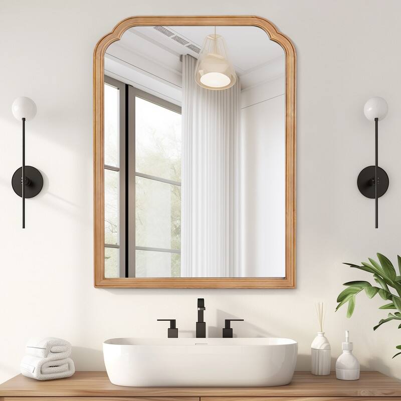 Top Corner Scalloped Rectangle Decorative Farmhouse Wall Mirror - 30"x40" - Light Brown