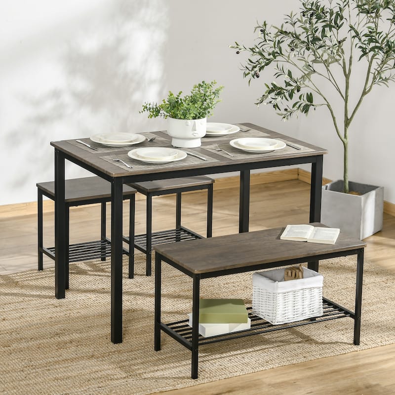 Rustic Brown 4-Piece Bar Table Set with Bench and Two Stools for Dining Room or Kitchen