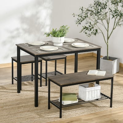 Rustic Brown 4-Piece Bar Table Set with Bench and Two Stools for Dining Room or Kitchen