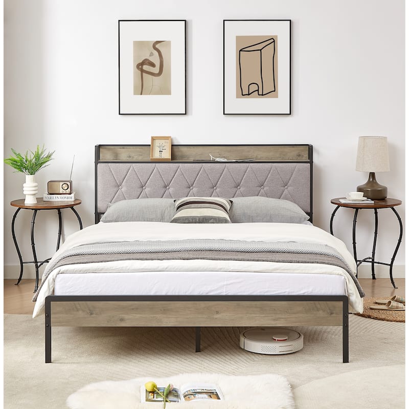 Queen Size Metal and Wood Charging Platform Bed - Grey - Queen