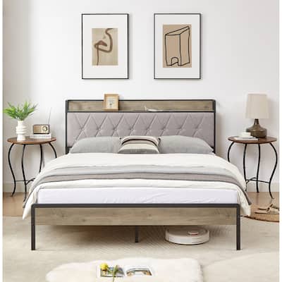 Grey Queen Size Bed Frame with Charging Station, Particle Board and Steel, 2 USB Ports,
