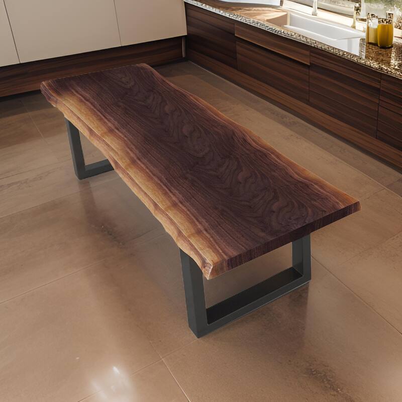 Cid Xue 79 Inch Dining Bench, Brown Live Edge Rectangular Top, Black Metal