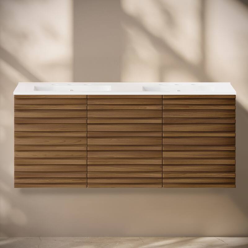 Cascade 48" Wall-Mounted Bathroom Vanity In Brown Oak With 3-Hole Widespread Double Basin Sink Top - 48