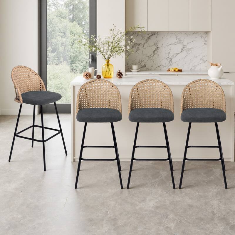 Coastal Rattan Back Counter Height Upholstered Bar Stools - Black - Set of 4
