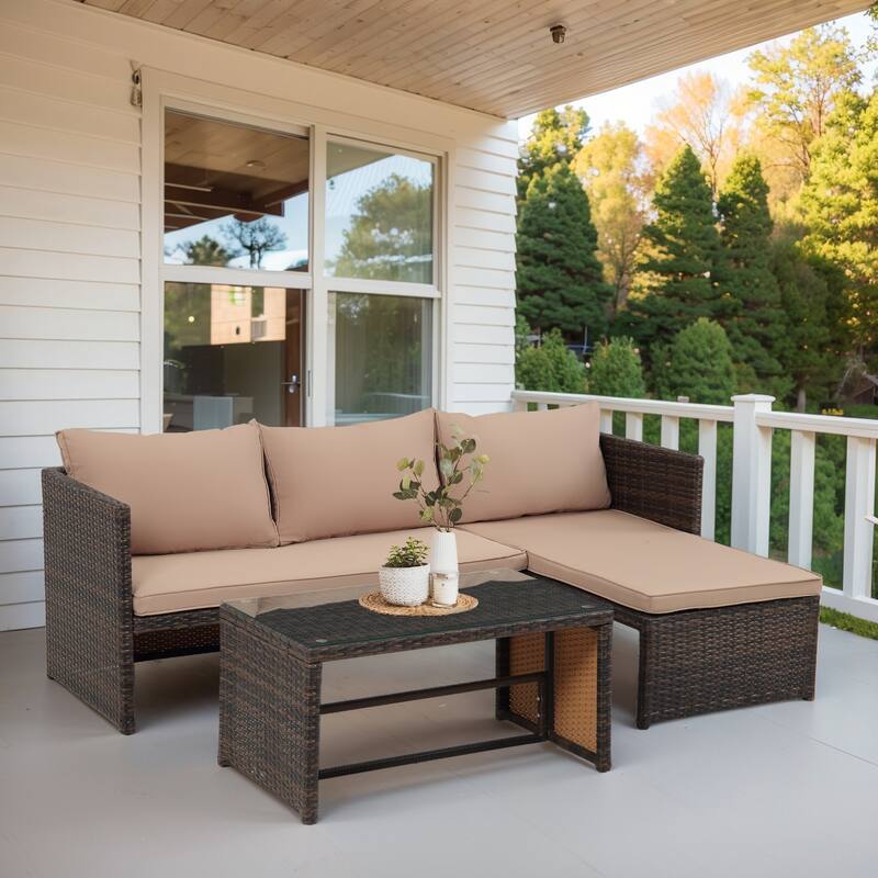 3 Pieces Patio Conversation Set, All Weather Outdoor PE Rattan Wicker Furniture Set with Cushions, Tempered Glass Coffee Table -  49.4"W x 25"D x 24.6"H - Brown