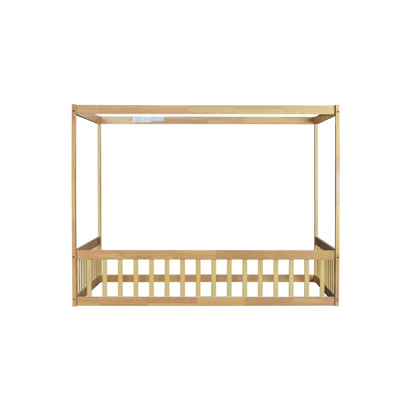 Roomfitters Full Canopy Floor Bed Frame with Rubber Wood Structure, Safety Guardrails, Low Profile Platform Design