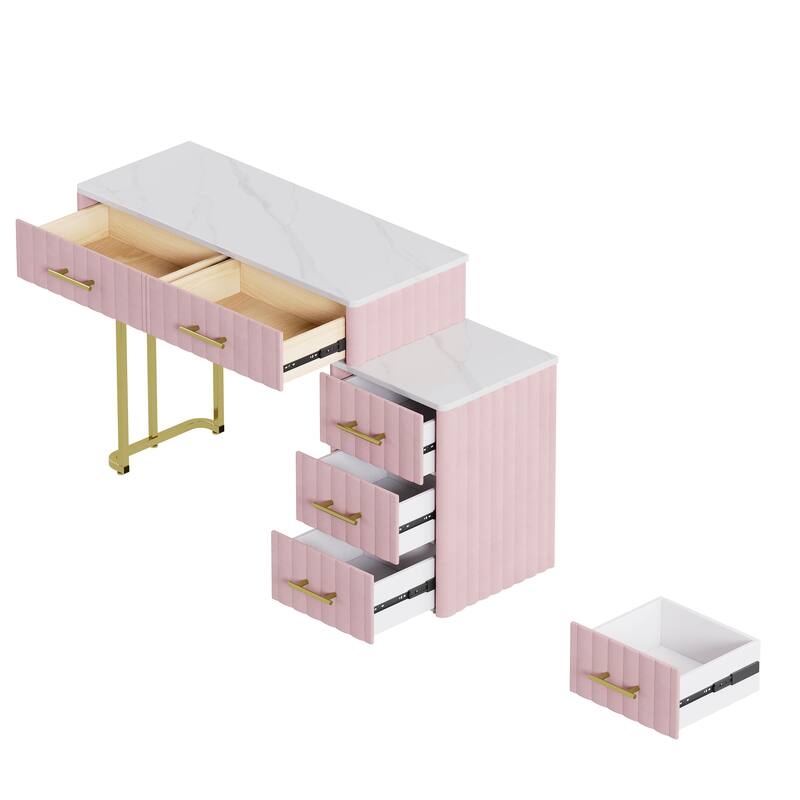 Velvet Upholstered Makeup Vanity Desk with 5 Storage Drawers, Marble-Look Sticker Top Dressing Table and Padded Makeup Chair Set