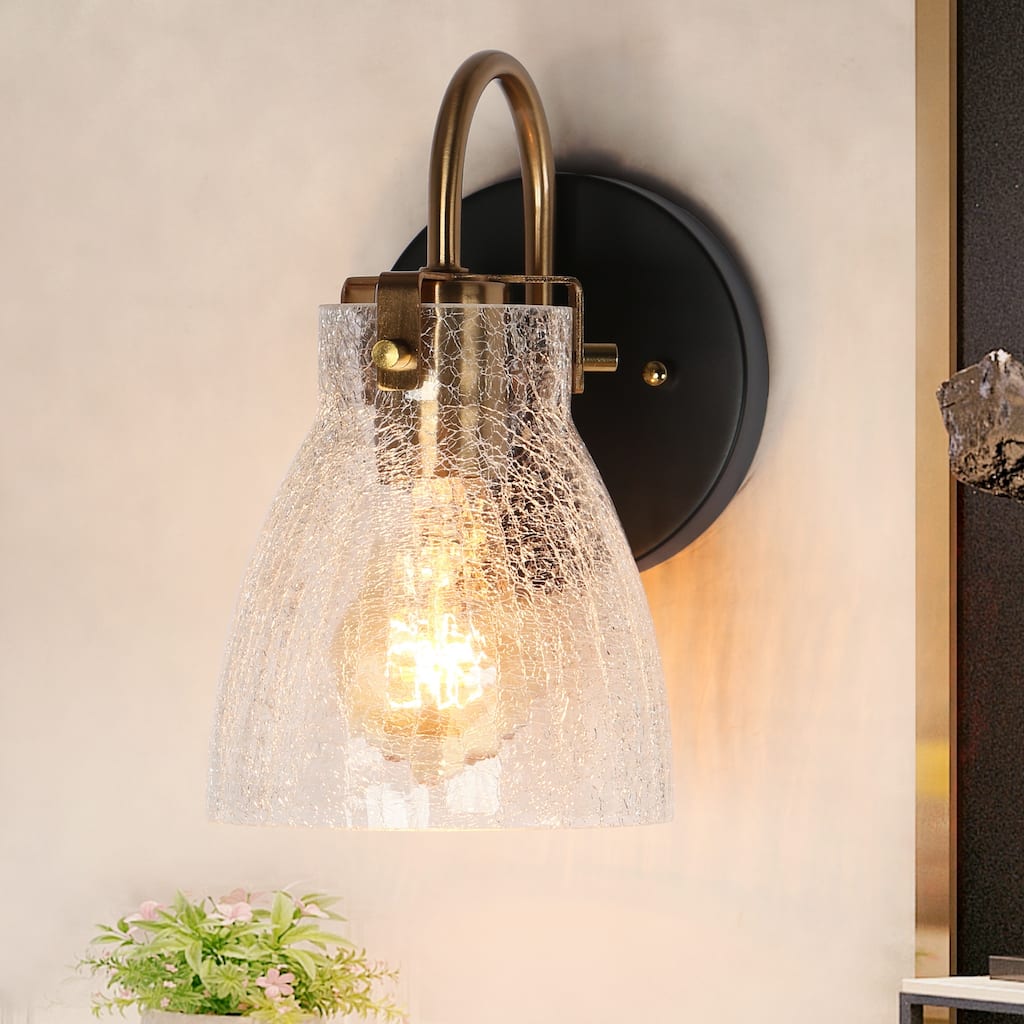 Aidtyrtm Modern 1-Light Textured Glass Wall Sconce Gold Black Bathroom Vanity Light - L5.1" x W7.1" x H8.3"