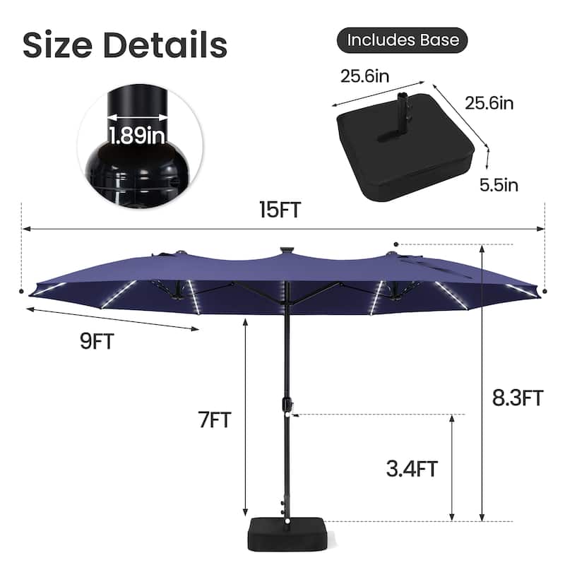 Crestlive Products 15ft Double-sided Patio Umbrella Solar LED Lighted Outdoor Market Umbrella